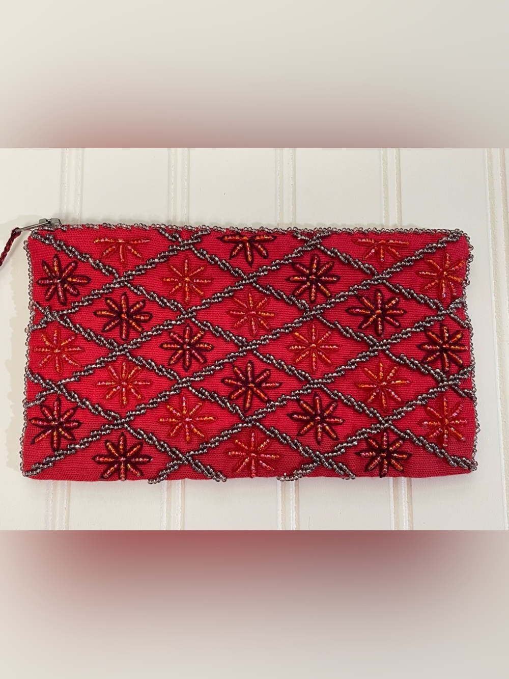 Handmade Red Purple Beaded Tassel Clutch Purse Bag - Picture 2 of 6